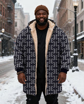 Big & Tall Men's Vintage Geometric Blue Printed Velvet Thickened Long Hooded Coat